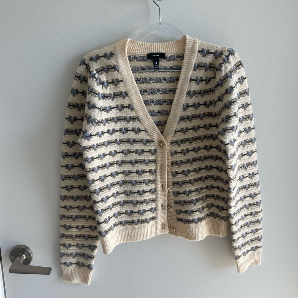Aqua Cream Cardigan with Gray and Blue Stripes